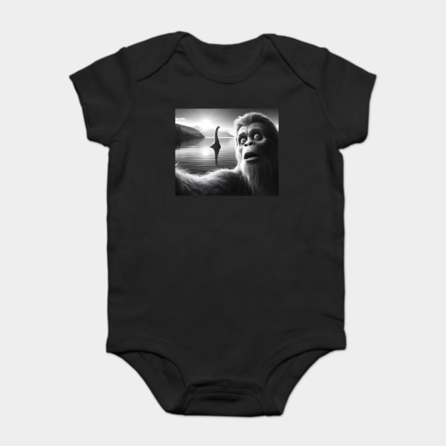 Funny Surprised Squatch Selfie with Loch Ness Monster Nessie Baby Bodysuit by Luxinda